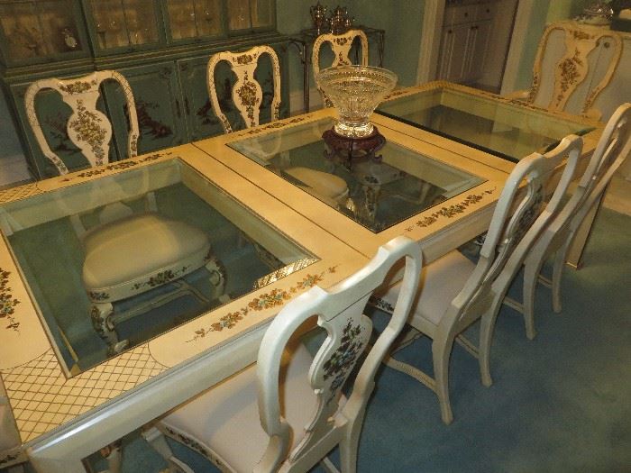 GLASS INSERT TOP DINING TABLE  / 8 QUEEN ANNE CHAIRS WITH HAND PAINTED ACCENTS				
UNION NATIONAL FURNITURE	(shown with leaf/ extended to seat 8)			