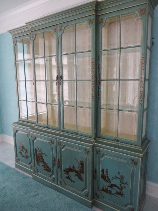 BREAKFRONT TEAL WITH HAND PAINTED CHINOISERIE DECORATION, 4 BEVELED GLAZED DOORS OVER 4 CUPBOARD DOORS ON PLINTH BASE  UNION NATIONAL FURNITURE
