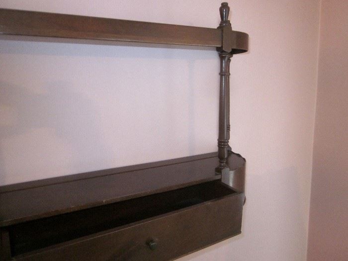 Vintage wall display shelf; 2 shelves and drawer