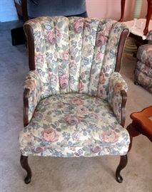 Vintage arm chair, solid wood frame, inner-spring seat, floral upholstery, channel tufted back.