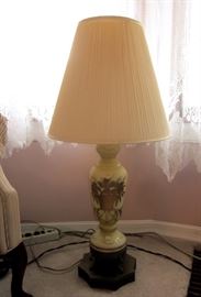 Vintage satin glass table lamp, hand painted gold embellishment, pierced metal base.  3-way light, 35" tall.