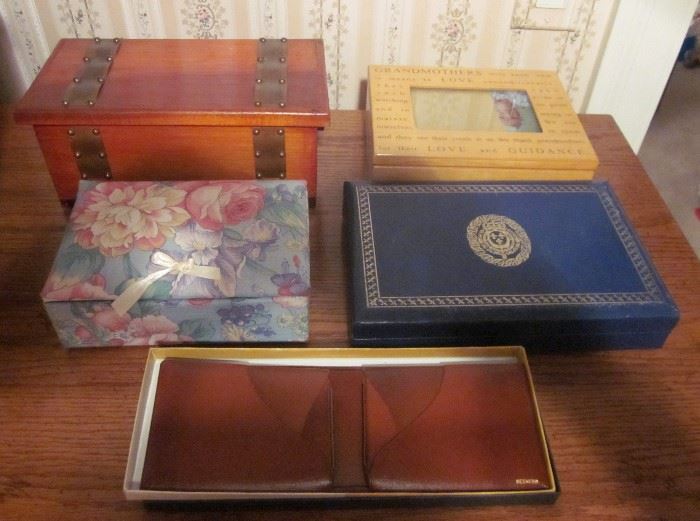 Jewelry boxes, some musical, vintage genuine leather Moose Lodge wallet