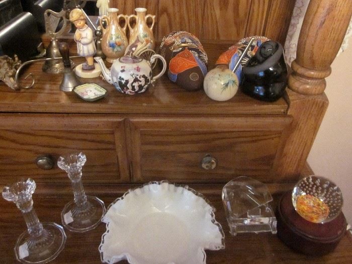 Small Oriental tabletop items, Fenton bowl, crystal piano, candlesticks, etc.