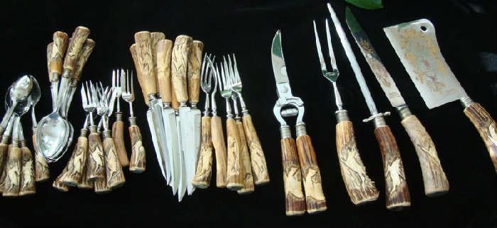 Beautiful Hand Carved Stag Antler Flatware Set by Klaus Tragbar