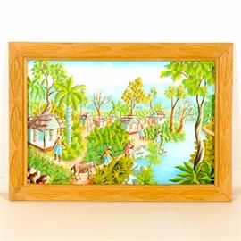 Clausel Carrier Signed Original Oil Painting of a Village Scene: A signed original oil painting on masonite of a village scene by Haitian artist Clausel Carrier. This piece depicts a colorful small village with people at work carrying baskets. It is presented in a hand carved natural tone wooden frame with two saw-tooth hangers to the verso.