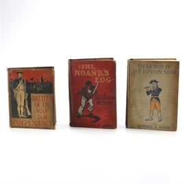 Antique Hardcover Revolutionary War Books: A collection of three circa 1900 books on the Revolutionary War. This collection includes Battles of the War for Independence; The Noank’s Log: A Privateer of the Revolution by W.O. Stoddard published in 1900 by Lothrop Publishing; and Fifer Boy of the Boston Siege by Edward A. Rand. All three books are clothbound on board.