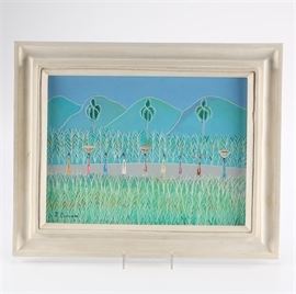 Original J Cameau Oil on Canvas: An original J Cameau oil on canvas. Rendered in a sgraffito technique the piece depicts Haitian women along a roadside in a palette of blues and greens. The piece is signed to the lower left and rest in a doubled white-washed wooden frame. The frame is affixed with sawtooth hangers to the verso.