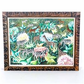 Paul Thanis Original Oil on Masonite Painting of a Jungle Scene: An original oil painting on masonite by Haitian artist Paul Thanis. This painting depicts giraffes and zebras in a lush tropical landscape. It is signed to the lower right and is presented in a wide hand carved wood frame with a white lip. There are two saw-tooth hangers to the verso for hanging.