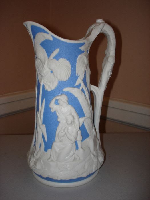 A Parian pitcher c. 1850 that tells the story of Paul and Virginie from a popular French novel published in 1788, a romantic story  of two star-crossed lovers.