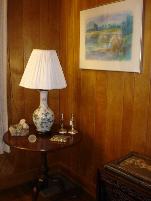 Corner table with fine hand-painted oriental lamp under a George Cress watercolor entitled "Isle of Palms".