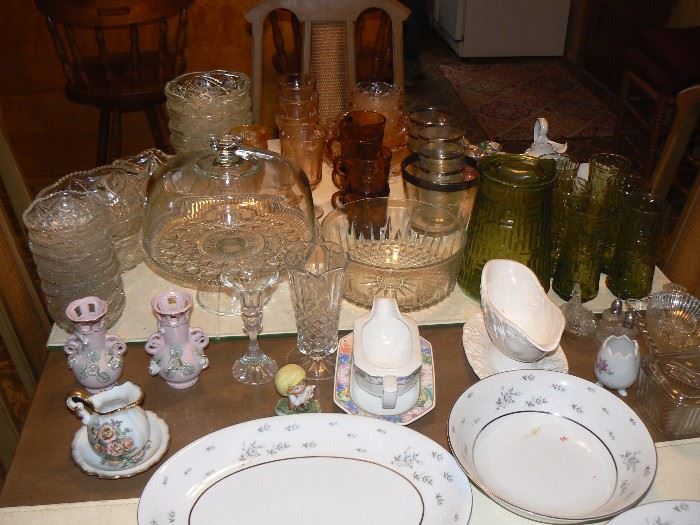Pink and Green Antique Glasswear; Furkeng; Chase Handpainted Vase; Tilso Gold Trimmed Creamer; Chokin; Lefton, Tupperware, Meat Grinder/Proccessor, Electric mixers, can openers, Coffee maker, Utensils