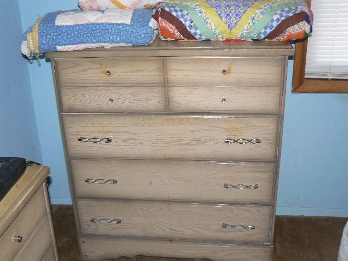 Matching Chest of Drawers 1960's, Large quilts and baby quilts and bedding.  Brass headboard with matching bedside tables.  