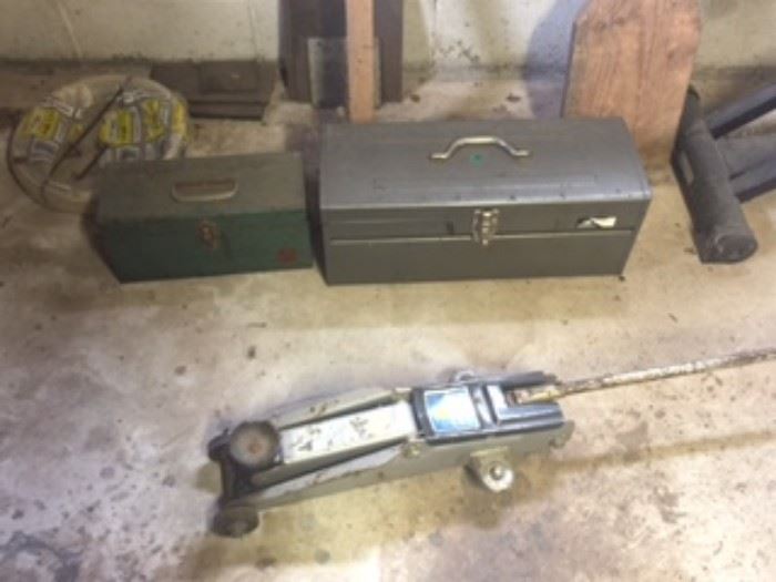 Tool Boxes stocked with old and new tools,  Pneumatic spray guns, truck hitches, automotive pneumatic tools,  
