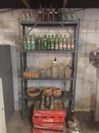 Vintage Bottles with  Vintage 1 gallon jugs, terra cotta jack o lantern, 