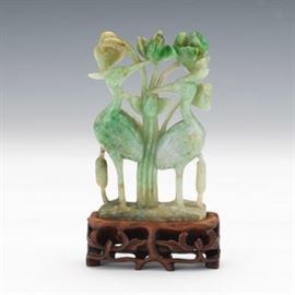 Chinese Carved Jade Sculpture of Two Storks with Lotus Flowers, on Carved Rosewood Stand 