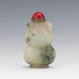 Chinese Carved White and Green Jade Double Gourd Snuff Bottle 
