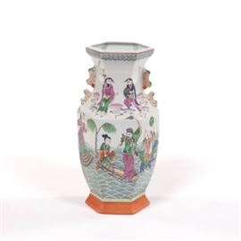 Chinese Porcelain Hexagonal Famille Vert Vase of Eight Immortals, Jiaqing Marks