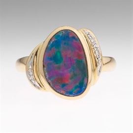 Ladies Gold, Black Opal and Diamond Ring 