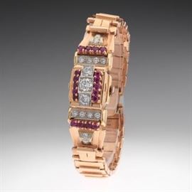 Ladies Gold, Diamond and Ruby Bracelet Watch