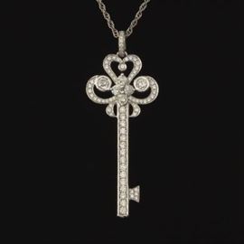 Ladies Large Key Pendant in Platinum and Diamonds on a Gold Chain
