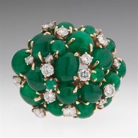 Ladies Massive Gold, Emerald and Diamond Cluster Ring 