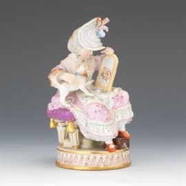 Meissen Porcelain Girl with Dog and Mirror, Late 19th Century