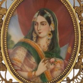 Miniature Painting of Maharani in dOre Bronze Frame, ca. 19th Century 