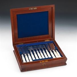 Victorian Silver Plated and Carved MotherofPearl Luncheon Service for Eighteen by John Round  Son Ltd, in Presentation Case, ca. 19th Century