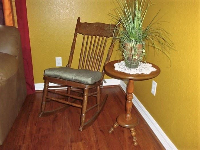 VINTAGE ROCKING CHAIR and PEDESTAL TABLE