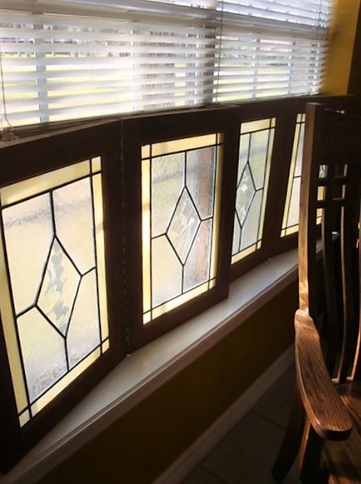 ANTIQUE STAINED GLASS BI-FOLD WINDOWS, TWO SETS