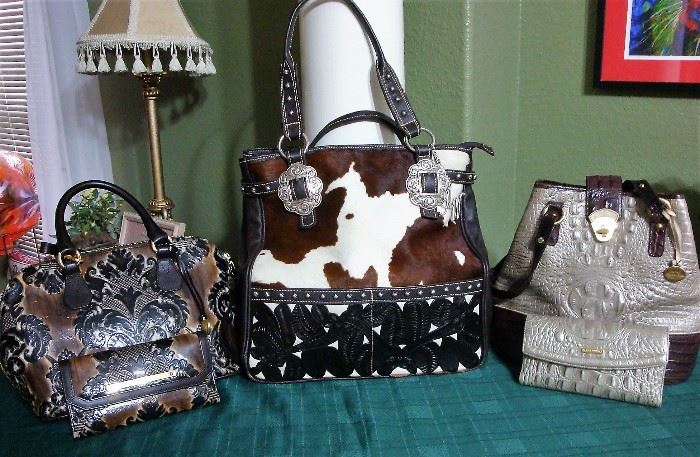 WE HAVE A GORGEOUS COLLECTION OF "BRAHMIN" LEATHER HANDBAGS - LEFT PIC- BRAHMIN "LOUISE ROSE-EXPRESSO FRESCO w/MATCHING WALLET this is a LIMITED EDITION", MIDDLE PIC - AMERICAN WEST COWHIDE LEATHER HANDBAG, RIGHT PIC- EMBOSSED CROC LEATHER HANDBAG WITH MATCHING WALLET