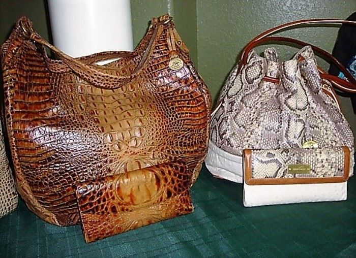 WE HAVE A GORGEOUS COLLECTION OF GENTLY USED "BRAHMIN" LEATHER HANDBAGS - PICTURED ON THE LEFT IS AN EMBOSSED CROC  TOTE "TOASTED ALMOND" and ON THE RIGHT AN EMBOSSED PYTHON, EACH HAVE MATCHING WALLETS