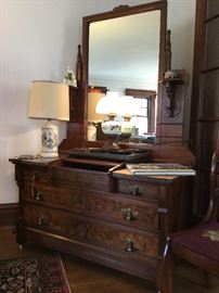 marble top antique dresser with matching wash stand. PERFECTLY RESTORED. Veneer is flawless and gorgeous! 