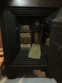 INCREDIBLE antique safe. Believed to be from late 1800's - early 1900's. YOU MOVE! Located in the WALK OUT basement. DIMENSIONS: 25.5"D X 24" W X 35"H (FROM FLOOR, INCLUDES WHEELS). MAIN DOOR DIMENSIONS: THICKNESS 7.5" DOOR H 24.5" X 19.5 " W. includes key to inside door. We found a combination BUT have not had success with it. 