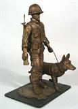 This maquette or miniature statue is cast in resin and mounted on a steel plate base. It is a miniature version of the life size bronze statue that is located at Wildlife Prairie State Park outside Peoria Illinois. The statue was commissioned by the parks founder, the late Bill Rutherford, to honor the dogs and their soldier handlers that faithfully served their country during the Vietnam conflict or war. The statue was created by Lake Forest artist Erin Mallon. Proceeds from the sale of these statues go to Wildlife Prairie State park. There are several available. They measure @ 12" tall and are mounted on a 6" x 8" steel plate base.