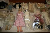 Dolls - china head, bisque including 2 AM Floradora (need restoration) tin face, rubber, composition and lots of doll parts, clothes & accessories