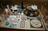 Wallace silver plate punch bowl set with tray and cups and ladle. Lenox bird plate