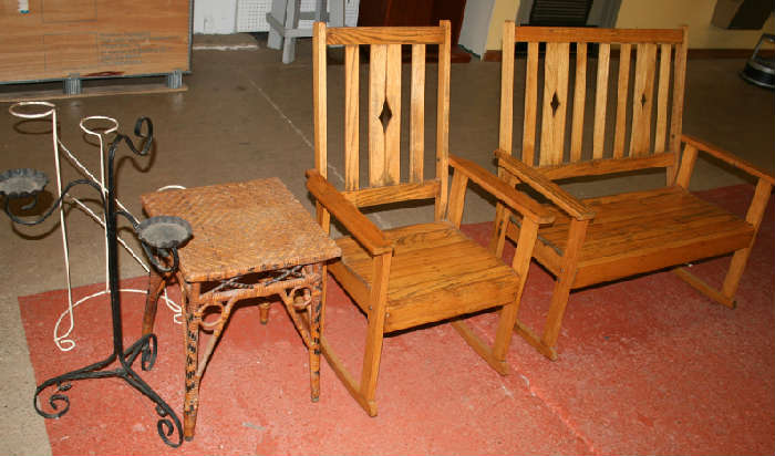 Oak porch rocker set and wire plant stands and wicker table.