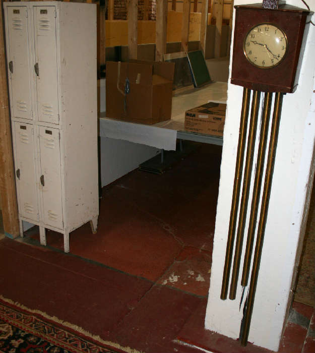 Rittenhouse wall clock & door bell with chimes and old school locker unit.