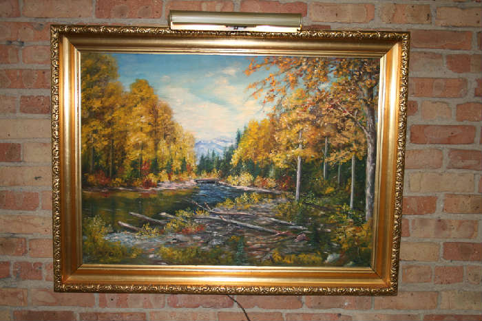 Beautiful large painting in gold frame signed M.J. Evans.