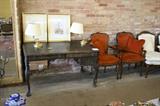 Great desk with claw and ball feet to be refinished from last sale and pair of parlor chairs.