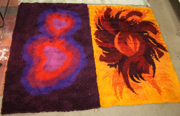 2 great danish Ege Rya wool rugs with original tags woven in the style and colors of the 1970's - 1980's. Very desirable and hard to find outside of Chicago galleries.