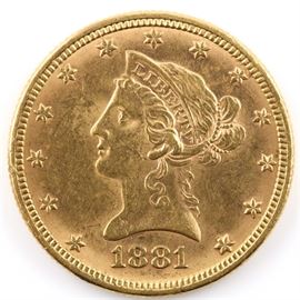 1881 Liberty Head $10 Gold Coin: An 1881 Liberty Head $10 Gold coin. Designer: Christian Gobrecht. Mintage: 3,877,220. Metal Content: 90% Gold, 10% Copper. Diameter: 26.8 mm. Weight: 16.7 grams. Circulated. Good condition.