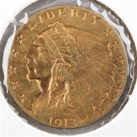 1913 Indian Head $2 1/2 Gold Coin: A 1913 Indian Head $2 1/2 gold coin. Designer: Bela Lyon Pratt. Mintage: 722,000. Metal content: 90% gold, 10% copper. Diameter: 18 mm. Weight: 4.18 grams. Circulated. Good condition.