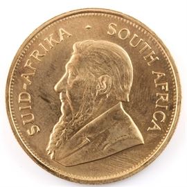 1980 South African Krugerrand Gold Bullion Coin: A 1980 South African Krugerrand gold bullion coin. Mintage: 3,049,396. Metal content: 91.67% gold. Diameter: 32.7 mm. Weight: one troy ounce. Very good condition.