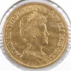 1913 Netherlands Ten Gulden Gold Coin: A 1913 Netherlands ten gulden gold coin. Mintage: 1,133,476. Metal content: 90% gold. Diameter: 22.5 mm. Weight: 6.73 grams. Very good condition.