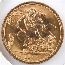1966 British Gold Sovereign: A 1966 British Gold Sovereign. Features Queen Elizabeth II on the obverse and St. George slaying a dragon on the reverse. Mintage: 7,050,000. Metal content: 92% gold. Diameter: 22 mm. Weight: 8 grams. Very good condition.