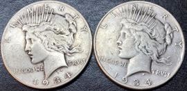 Two 1934 Peace Silver Dollar Coins