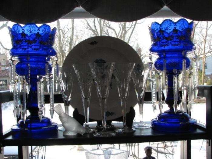 Waterford crystal, cobalt hand painted glass centerpieces
