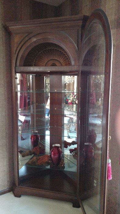 Wonderful Lighted Corner Display Case with glass shelves with plate grooves 